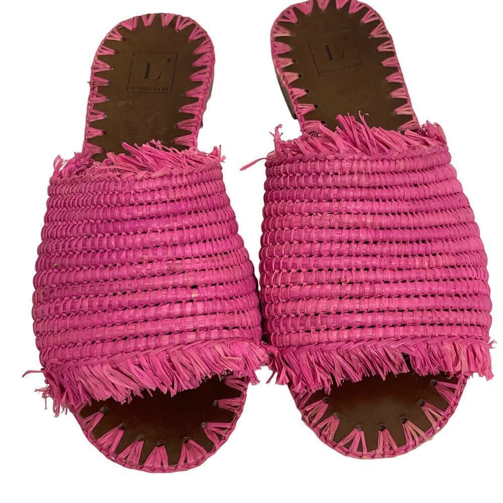 L'Autre Chose Raffia Slide Sandals Womens 39 Pink Woven Fringed Leather Flat